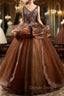 Coffee Tulle V Neck Beading Sequins Quinceanera Dresses
