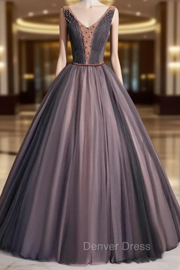 Coffee Tulle V nek Pleats Beading Pleats Quinceanera Dresses