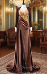 Coffee Velvet Long Sleeve Beading Prom Dresses