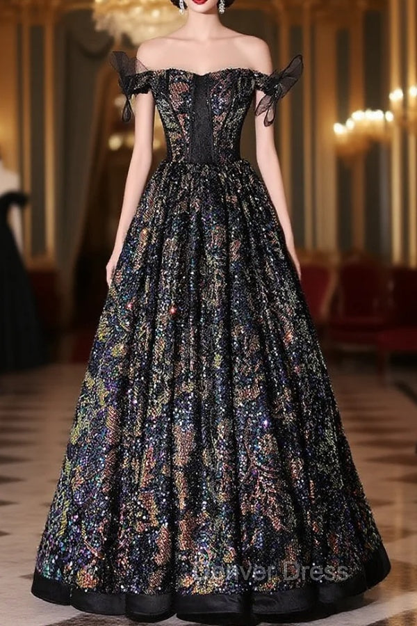 Colorful Black Sequins Off the Shoulder Prom Dresses