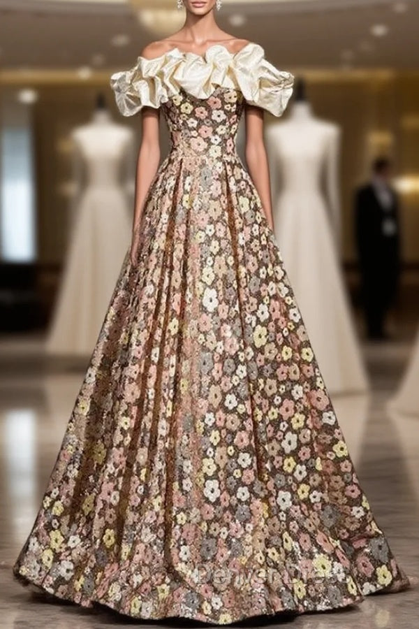 Colorful Flower Sequins Off the Shoulder Prom Dresses