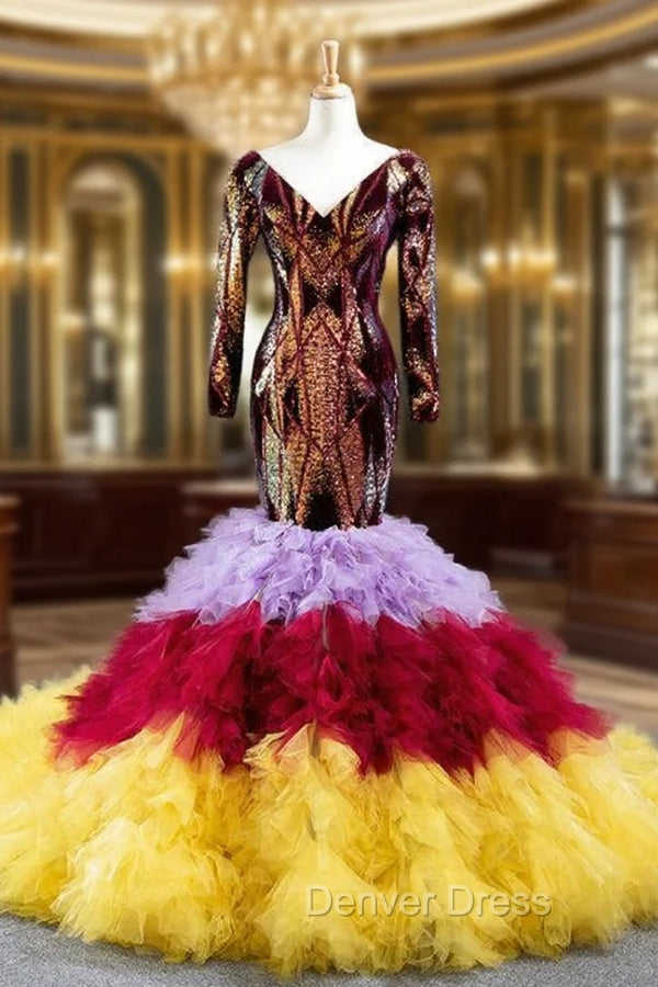 Colorful Mermaid Sequins Tulle Long Sleeve V Neck Prom Dresses