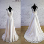 Column Sleeveless Special Wheat Color  V-Neck V-Back High Waist Lace Sweep Trailing Wedding Dresses,
