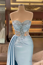 Column Slit Front Long Sweetheart Strapless Sleeveless Sky Blue Ruffle Stain Prom Dresses with Beadings