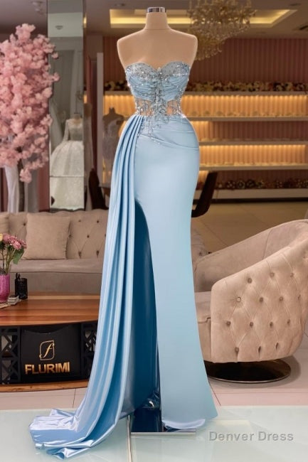 Column Slit Front Long Sweetheart Strapless Sleeveless Sky Blue Ruffle Stain Prom Dresses with Beadings Main image
