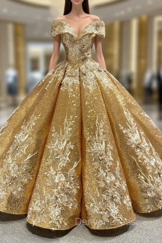 Come In a Wide Variety Of On Trend Styles, Gold Ball Gowns Sequins Off the Shoulder Appliques Prom Dresses