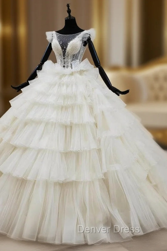 Come In a Wide Variety Of On-Trend Styles, Ivory White Ball Gown Tulle Tiers Beading Bateau Wedding Dresses Main image