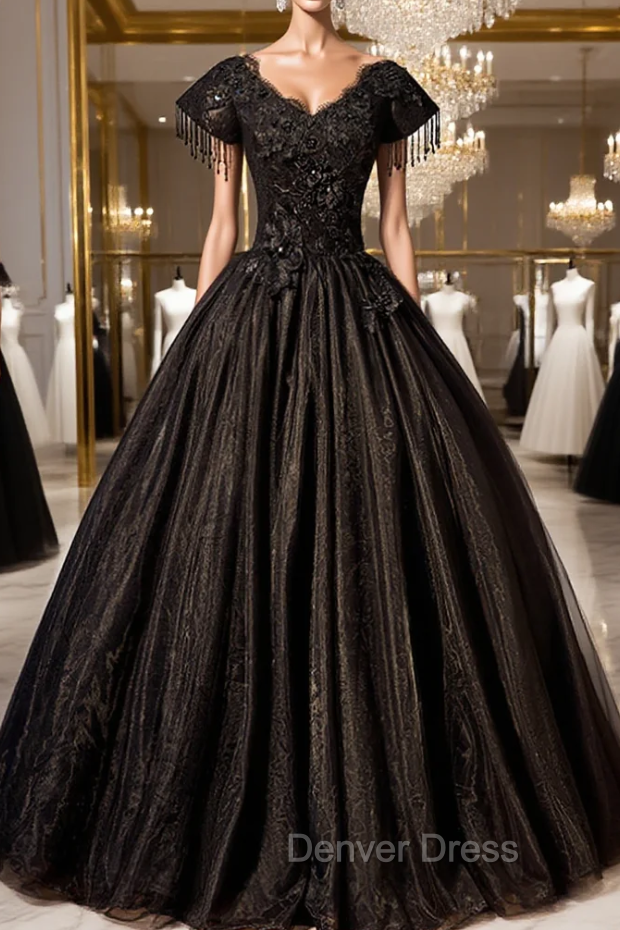 Come In All Styles And Colors Black Ball Gown Tulle V-neck Cap Sleeve Appliques Beading Quinceanera Dresses Main image