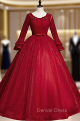 Come In All Styles And Colors Burgund Ball Gown Tulle Long Sleeve Appliques Quinceanera Dresses