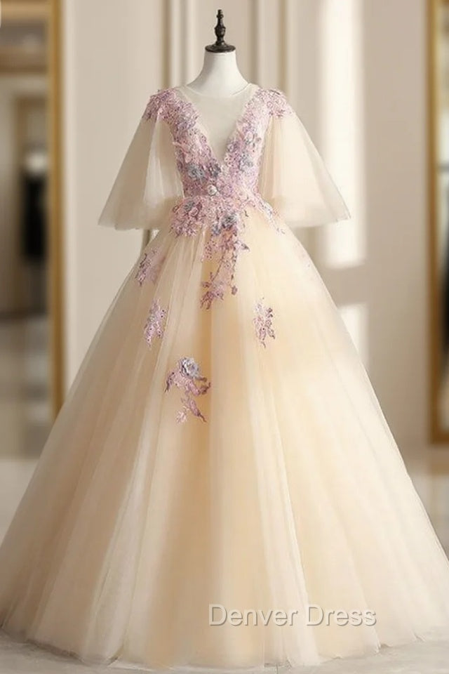 Come In All Styles And Colors Champagne Ball Gowns Tulle Appliques See Through V Neck Quinceanera Dresses