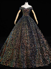 Come In All Styles And Colors Navy Blue Ball Gown Sequins off the Shoulder Quinceanera Dress