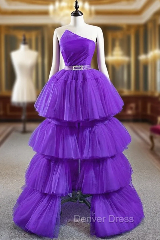 Come In All Styles And Colors Purple Ball Gowns Strapless Pleats Tiers Prom Dresses With Belt