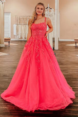 coral a line prom dress with appliques