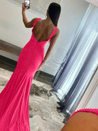 Coral Pink Mermaid Deep V-Neck Beaded Satin Long Prom Dress