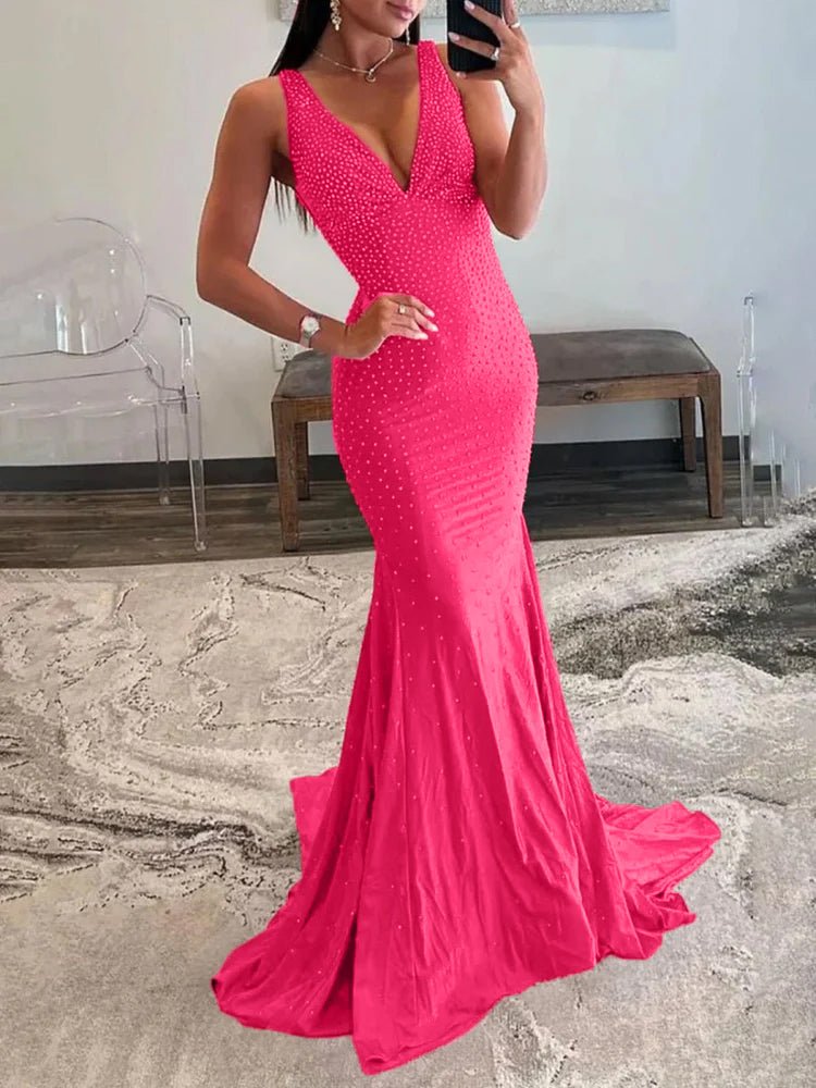 Coral Pink Mermaid Deep V-Neck Beaded Satin Long Prom Dress Main image