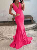 Coral Pink Mermaid Deep V-Neck Beaded Satin Long Prom Dress