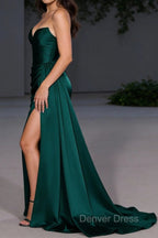 Corset Strapless Dark Green Mermaid Long Prom Dresses With Slit