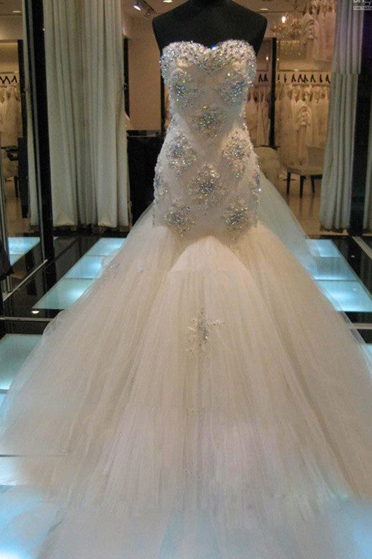 Court Train Mermaid Beading Sleeveless Tulle Sweetheart Wedding Dresses Secondary image