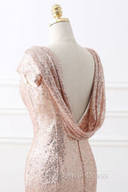Fit and Flare Sweep train Sequined Rosy Golden Prom Gown