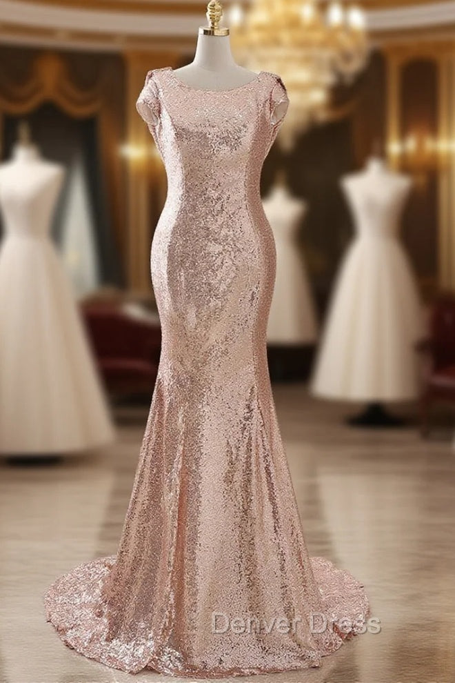 COURTNEY Fit and Flare Sweep train Sequined Rosy Golden Prom Party Gowns Main image