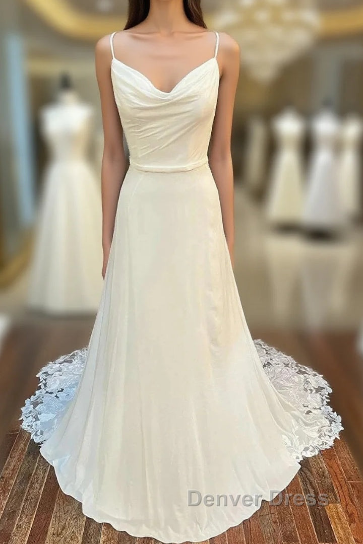 Cowl Neck Cutout Back Lace-Trimmed Long Wedding Dresses Main image