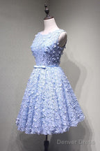 Crew Knee Length Open Back Appliques Blue Lace Homecoming Dresses