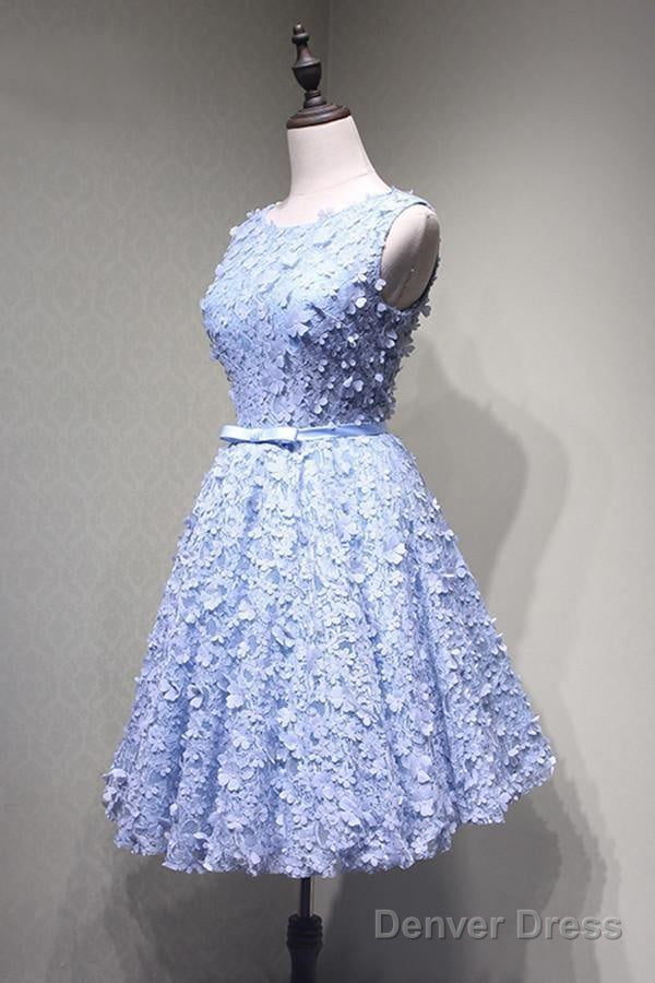 Crew Knee Length Open Back Appliques Blue Lace Homecoming Dresses
