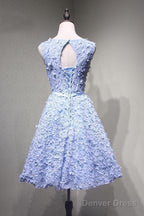 Crew Knee Length Open Back Appliques Blue Lace Homecoming Dresses