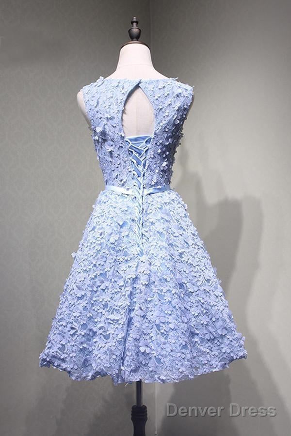 Crew Knee Length Open Back Appliques Blue Lace Homecoming Dresses