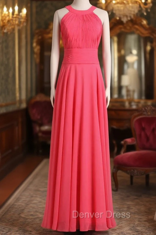 Crew Neck Watermelon Chiffon Long Bridesmaid Dresses Main image