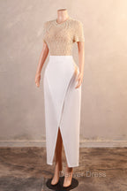 Crew Sheath Prom Dresses Ankle-Length Zipper Beads Split Side Short Sleeve Evening Dresses