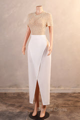 Crew Sheath Prom Dresses Ankle-Length Zipper Beads Split Side Short Sleeve Evening Dresses