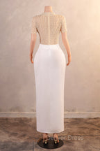 Crew Sheath Prom Dresses Ankle-Length Zipper Beads Split Side Short Sleeve Evening Dresses