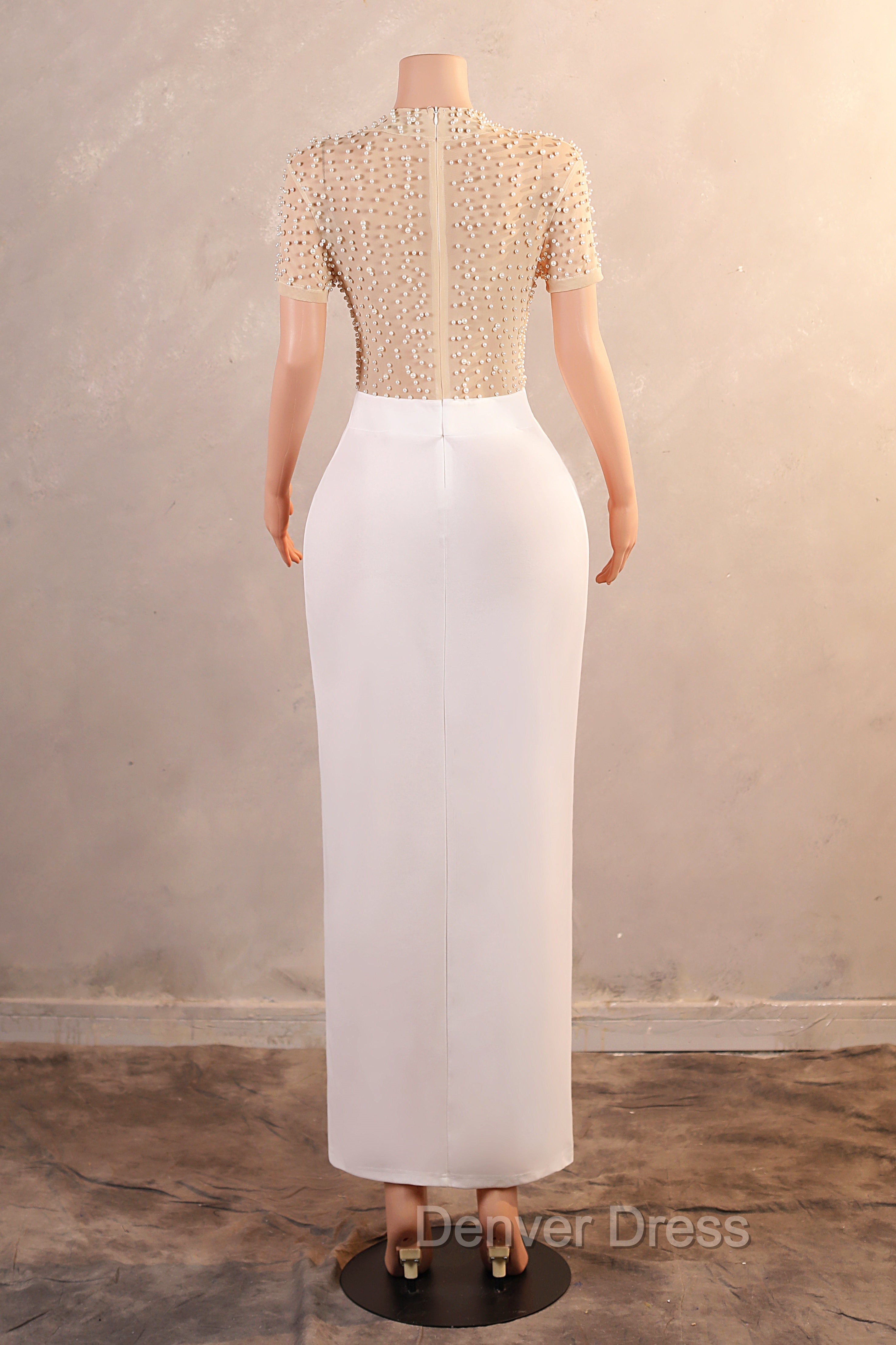 Crew Sheath Prom Dresses Ankle-Length Zipper Beads Split Side Short Sleeve Evening Dresses