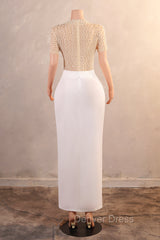 Crew Sheath Prom Dresses Ankle-Length Zipper Beads Split Side Short Sleeve Evening Dresses