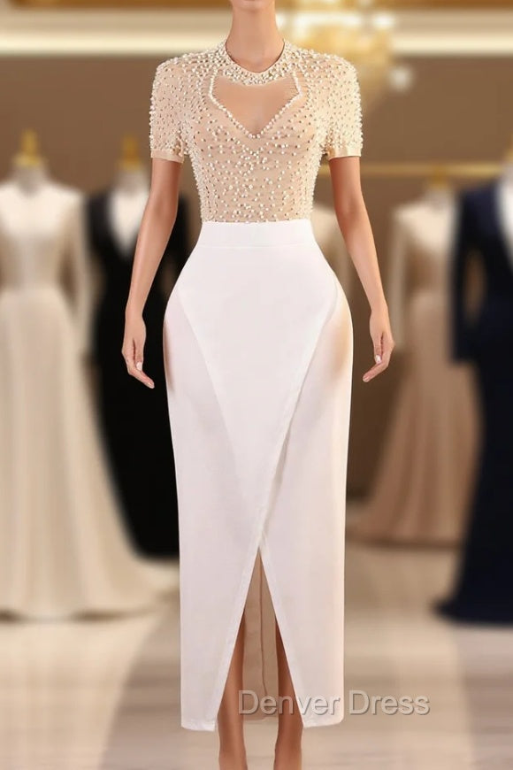 Crew Sheath Prom Dresses Ankle-Length Zipper Beads Split Side Short Sleeve Evening Dresses