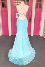 Criss Cross Straps Pool Blue Long Prom Dresses