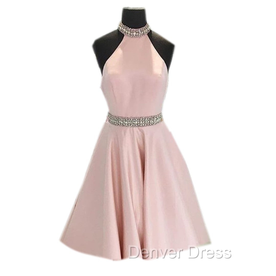 Crystal Beaded High Neck Short Pink Satin Homecoming Dresses