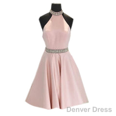 Crystal Beaded High Neck Short Pink Satin Homecoming Dresses