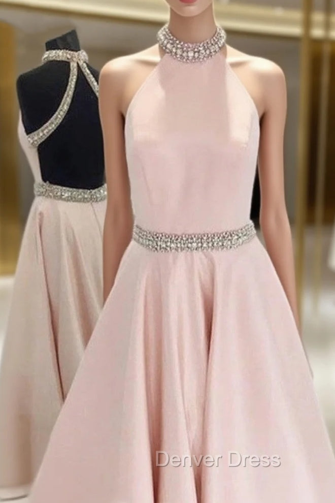 Crystal Beaded High Neck Short Pink Satin Homecoming Dresses Main image