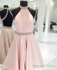 Crystal Beaded High Neck Short Pink Satin Homecoming Dresses