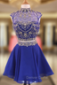 Crystal Beaded High Neck Two Piece Homecoming Dresses in Royal Blue Chiffon
