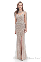 Crystal Beaded Mermaid High Slit Long Prom Dresses