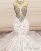 Crystal Beaded Mermaid Lace Wedding Dress Cap Sleeves