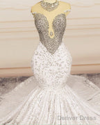 Crystal Beaded Mermaid Lace Wedding Dresses Cap Sleeves