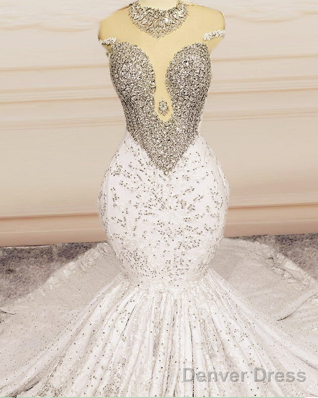 Crystal Beaded Mermaid Lace Wedding Dresses Cap Sleeves
