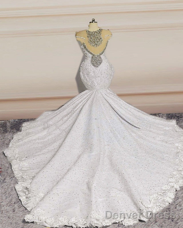 Crystal Beaded Mermaid Lace Wedding Dresses Cap Sleeves
