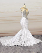 Crystal Beaded Mermaid Lace Wedding Dresses Cap Sleeves