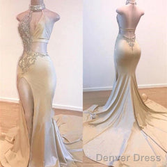Crystal Halter Side Slit Prom Dresses A-Line Backless Sleeveless Evening Dresses