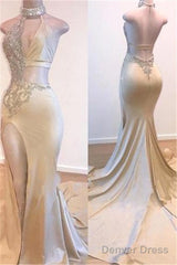 Crystal Halter Side Slit Prom Dresses A-Line Backless Sleeveless Evening Dresses